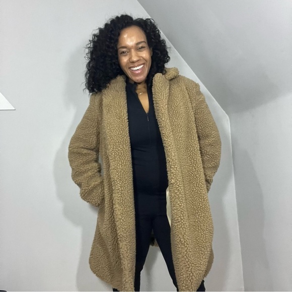 Vintage tan teddy car coat cozy sherpa style trench plush fluffy neutral jacket - Picture 7 of 15